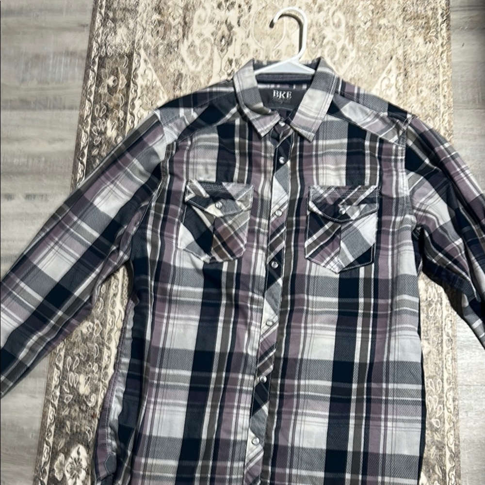 BKE Men's Plaid Button-Down Shirt - Black, Gray, White, and Purple